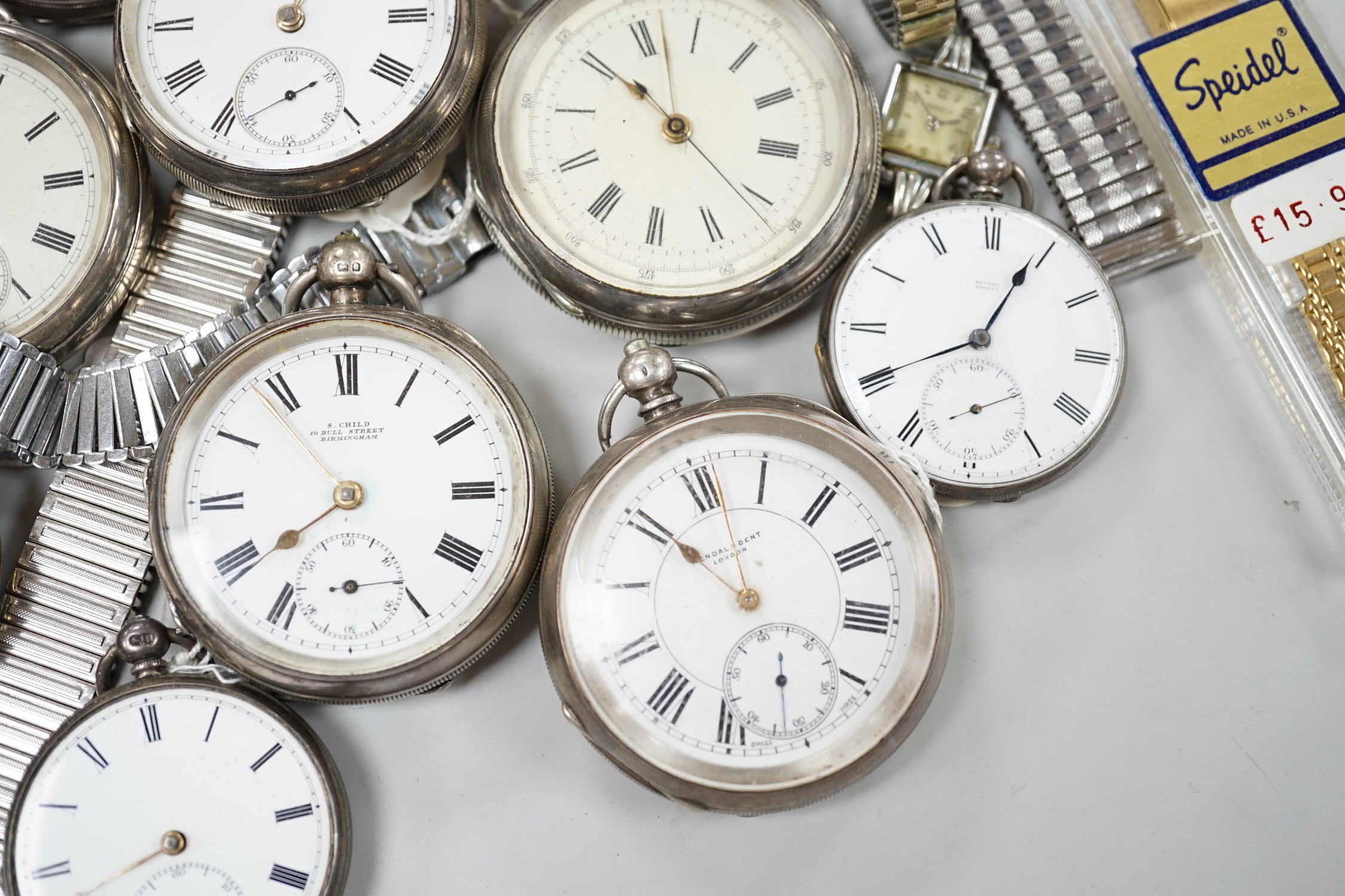 Twenty one assorted silver or base metal pocket watches including Waltham and Child of Birmingham, three wrist watches and a silver vesta case.